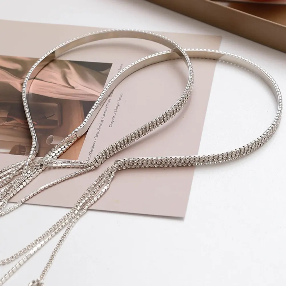 2Pcs Rhinestone Tassel Headband Premium Alloy Delicate Hair Loop for Bride Bridal Shower Wedding Ceremony Photography Prop