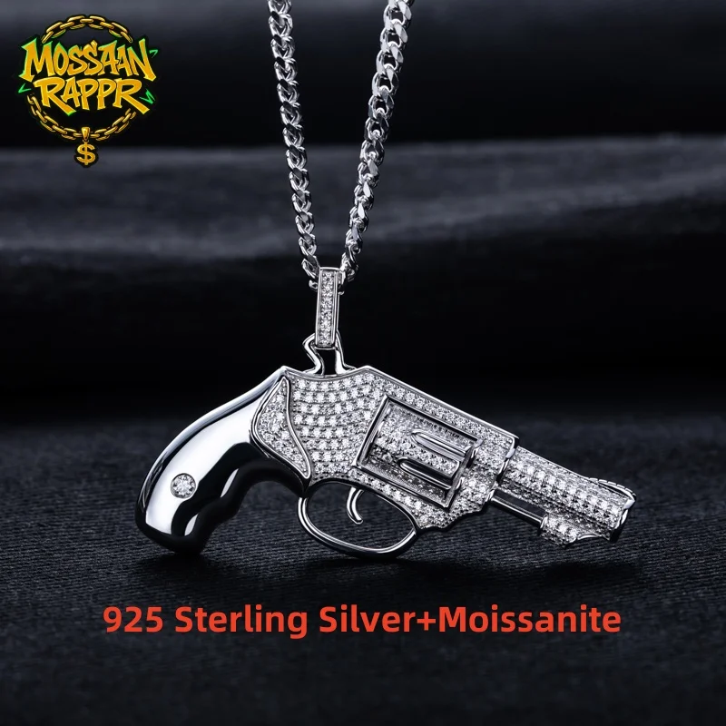 

MossanRappr 1.0cttw Moissanite Iced Out Pistol Gun Pendant Bling Hip Hop Necklace 925 Sterling Silver Trend Cool Jewelry for Men
