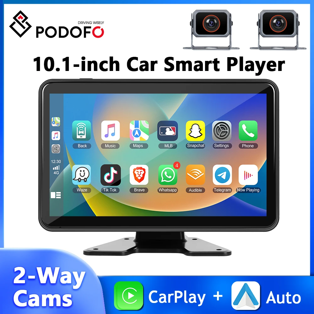 

Podofo 10.1'' Car DVR Carplay Android Auto Portable Smart Player Dashboard Airplay Android Cast Dual Cams BT FM Parking Monitor