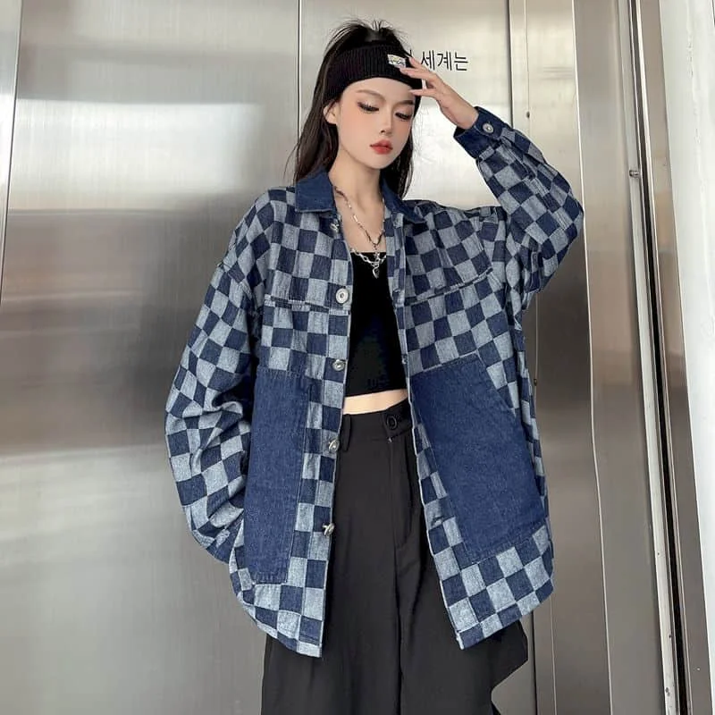 

Plaid Denim Shirts and Blouses Women Tops Long Sleeve Blouses Loose Fit Denim Shirt Casual Women Tops Clothes for Women Shirts
