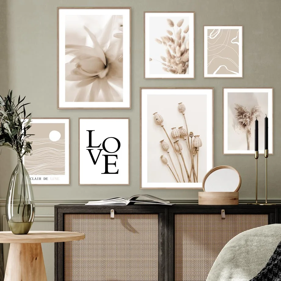 Love Written in Dried Flowers – Neutral Beige Boho Minimalist Abstract Line Frameless Canvas Poster for Bedroom Living Room D