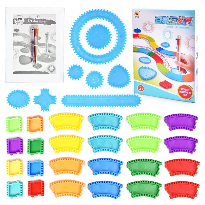 34 pçs conjunto de blocos spirograph desenhar espiral design educacional brinquedos geométricos bebê forma criativa pintura régua ferroviário pista