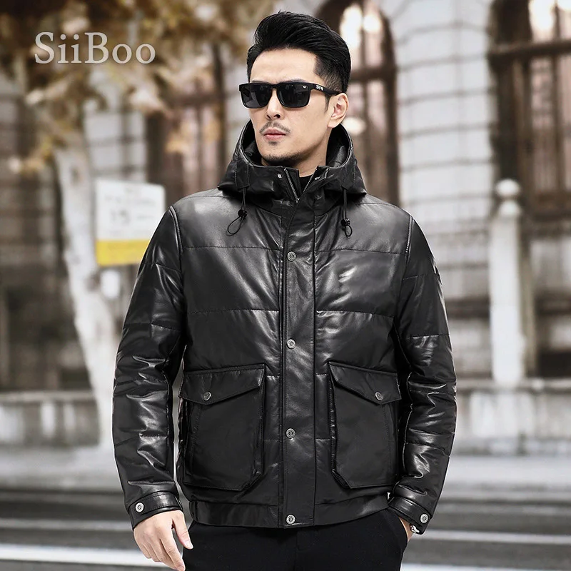 Novmoop hooded genuine leather men's solid color down jacket bomber comfortable style LT3379