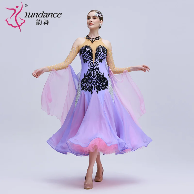 B-24186 Yundance rhinestone international standard ballroom dance dress high quality chiffon ballroom performance dance dresses