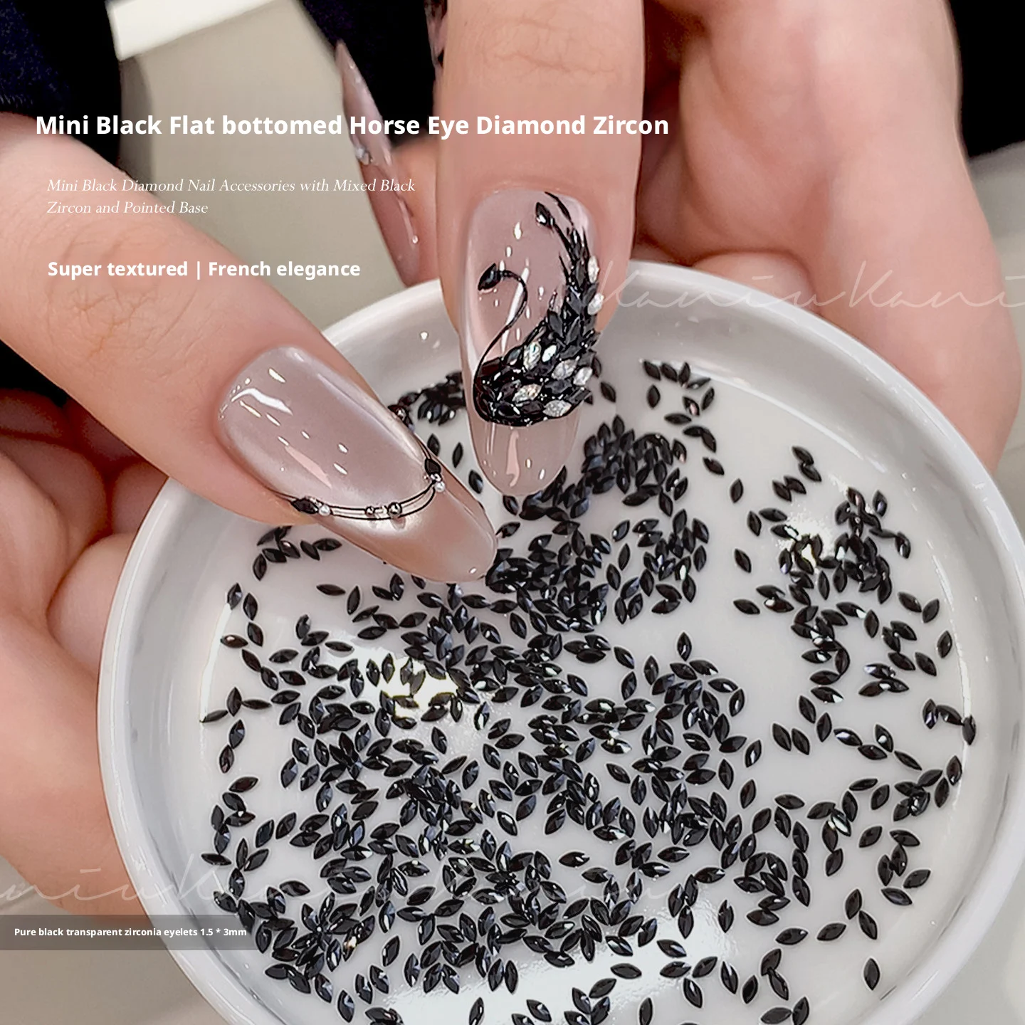 Kaniu Flash Black Flat-Back Zircon Nail Art 5A Mini Silver Teardrop Swan Rhinestone Material Kit