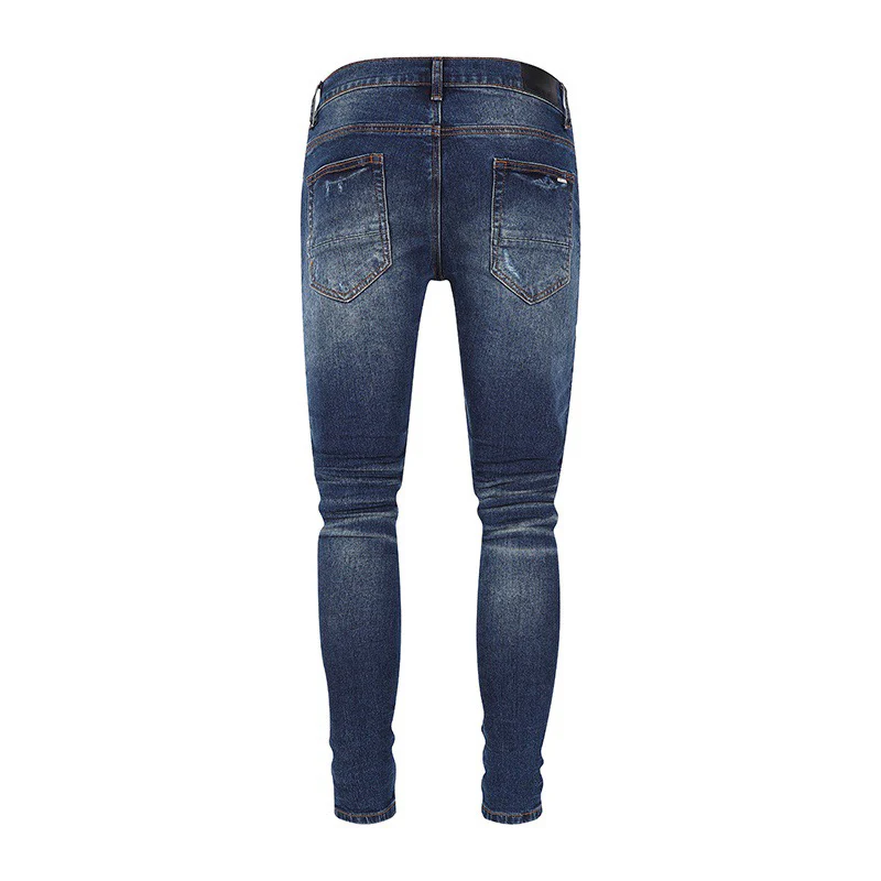 Fashionable Y2K men's jeans, washed with nostalgia, elastic, slim fit, perforated patch, deep blue jeans, high street hip-hop br