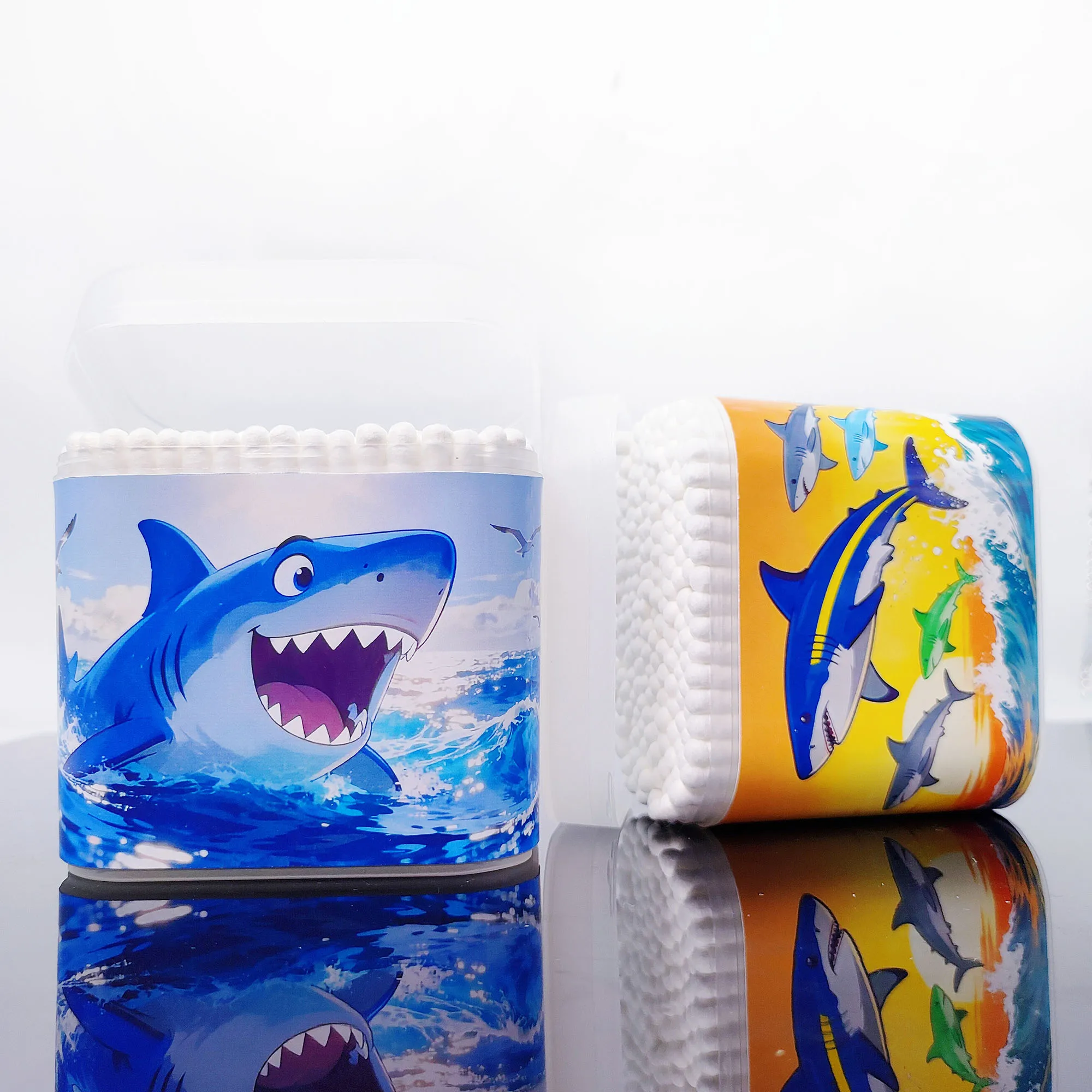 200 uds/400 Uds hisopo de algodón con temática de tiburón hisopo de algodón con patrón creativo cuchara de tornillo de doble cabeza multifuncional hisopo de algodón.