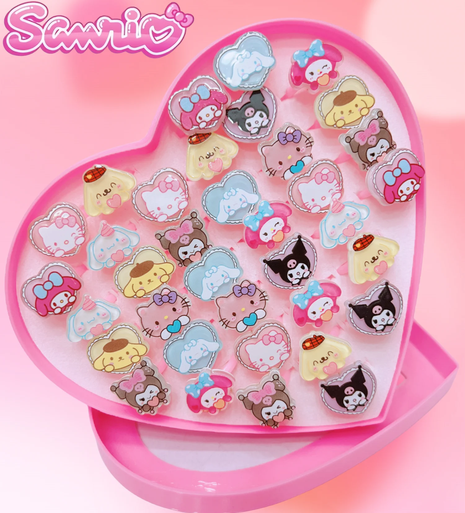 36Pcs Sanrio Kid Ring Hello Kitty Kid Ring girls Adjustable Baby Rings Cartoon Children Girl Rings with Heart Box Party Gifts