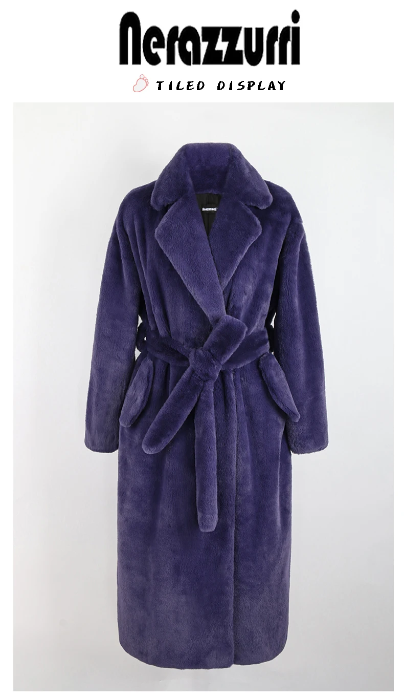 Nerazzurri Winter Long Purple Black Green Fluffy Thick Warm Luxury Faux Fur Coat Women Sashes New Arrival 2022 Furry Overcoat