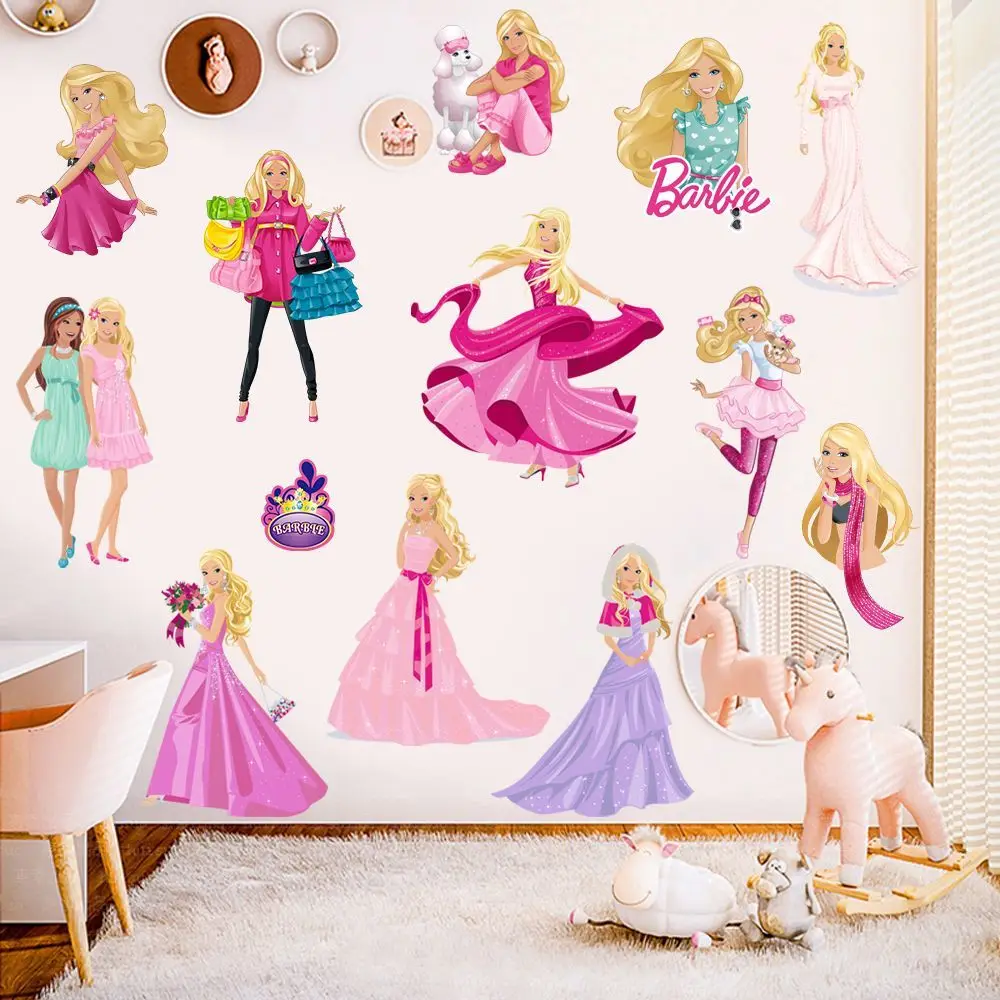 Miniso Barbie Wall Paper Cartoon Anime Creative Stickers Girly Heart Room Decor Window Car Waterproof Self Adhesive Sticker