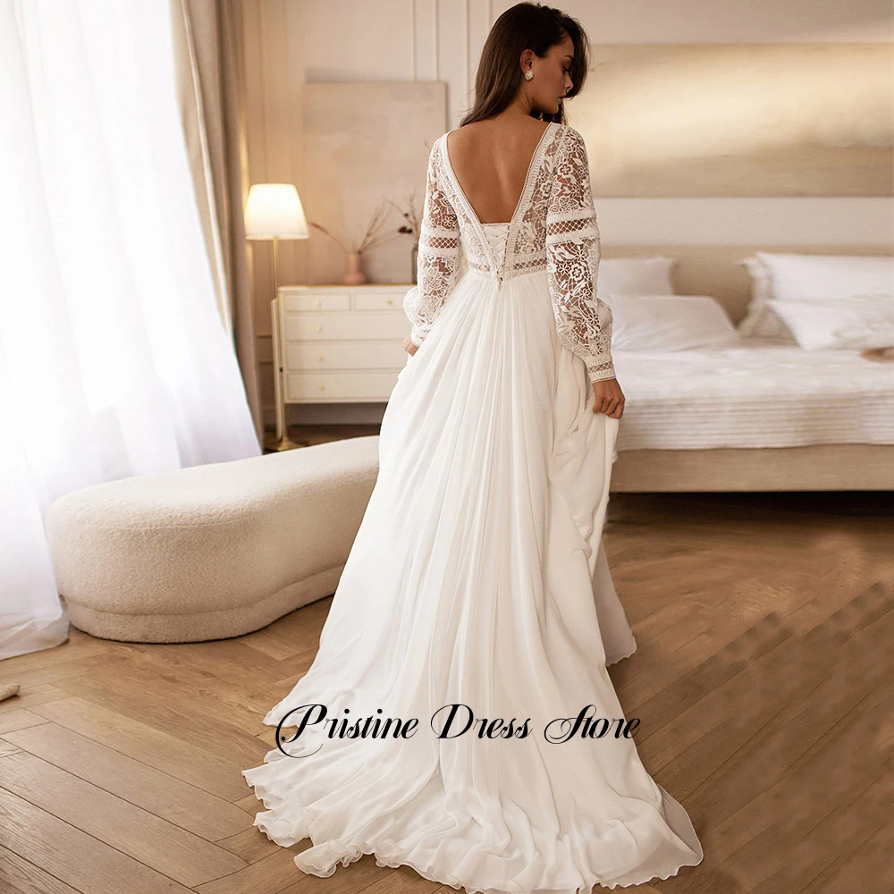 Classic Plus Size Chiffon Wedding Dress Customized V-Neck Corset Lace Long Sleeves Lace Up Back Sweep Train Bridal Gowns