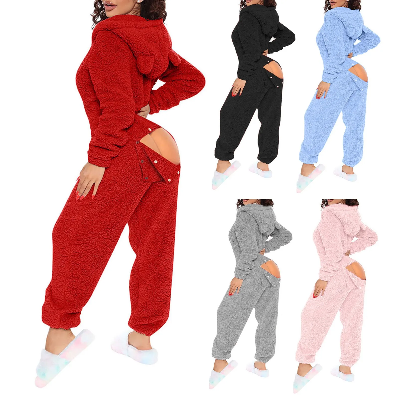 New Fashion Plush Jumpsuit Solid Color Zipper Loose Hooded Jumpsuit Pajamas Winter Warm Rompe Sleepwear Home Lounge Jumpsuit