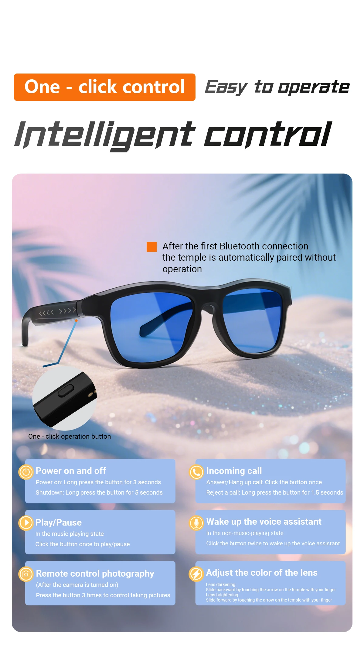 Touch-Control Farbwechselnde Sonnenbrille für Männer und Frauen Elektrochrome KI-Intelligente Übersetzungs- und Anruffunktion Musikplayer Bluetooth – Detail 9