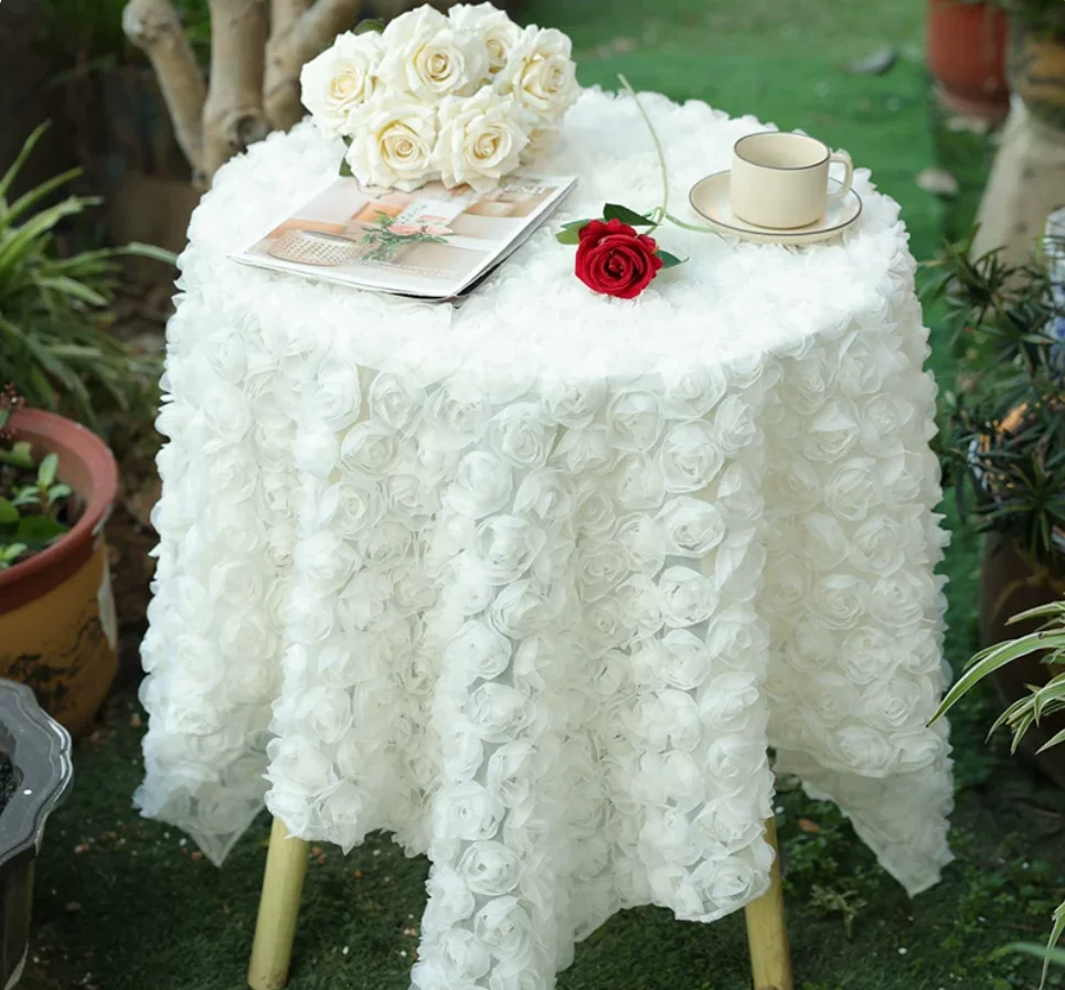 French Romantic Princess Style Lace Rose Round Tablecloth, White Table Cover for Coffee Table, Birthday Wedding Party Photograph