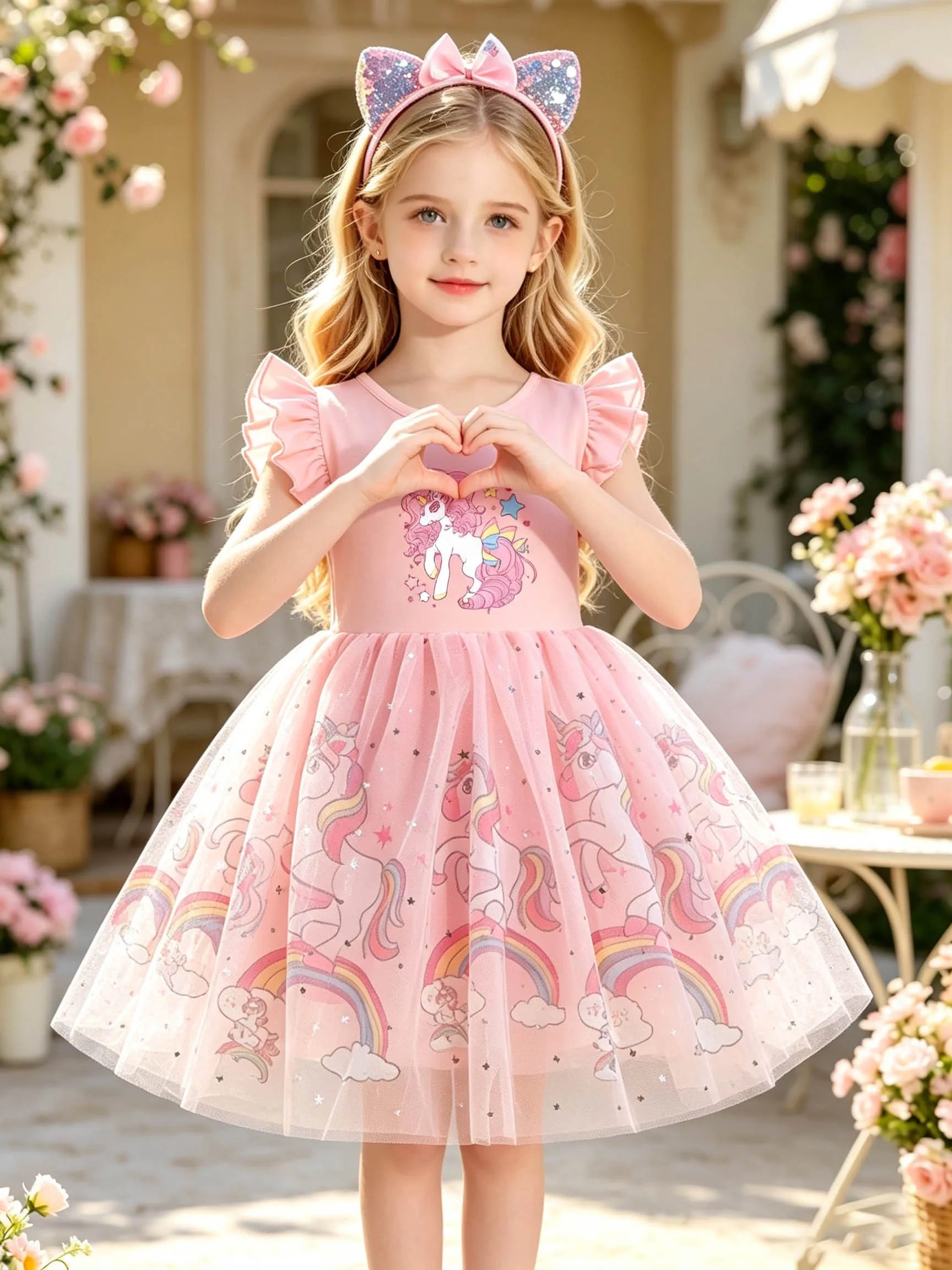 Kurzärmeliges Feenkleid mit Sternen und Pony für kleine Mädchen, Sommer-Tüll-Tutu-Kleid für Kinder mit glitzerndem Regenbogenwolken-Mesh – Detail 5