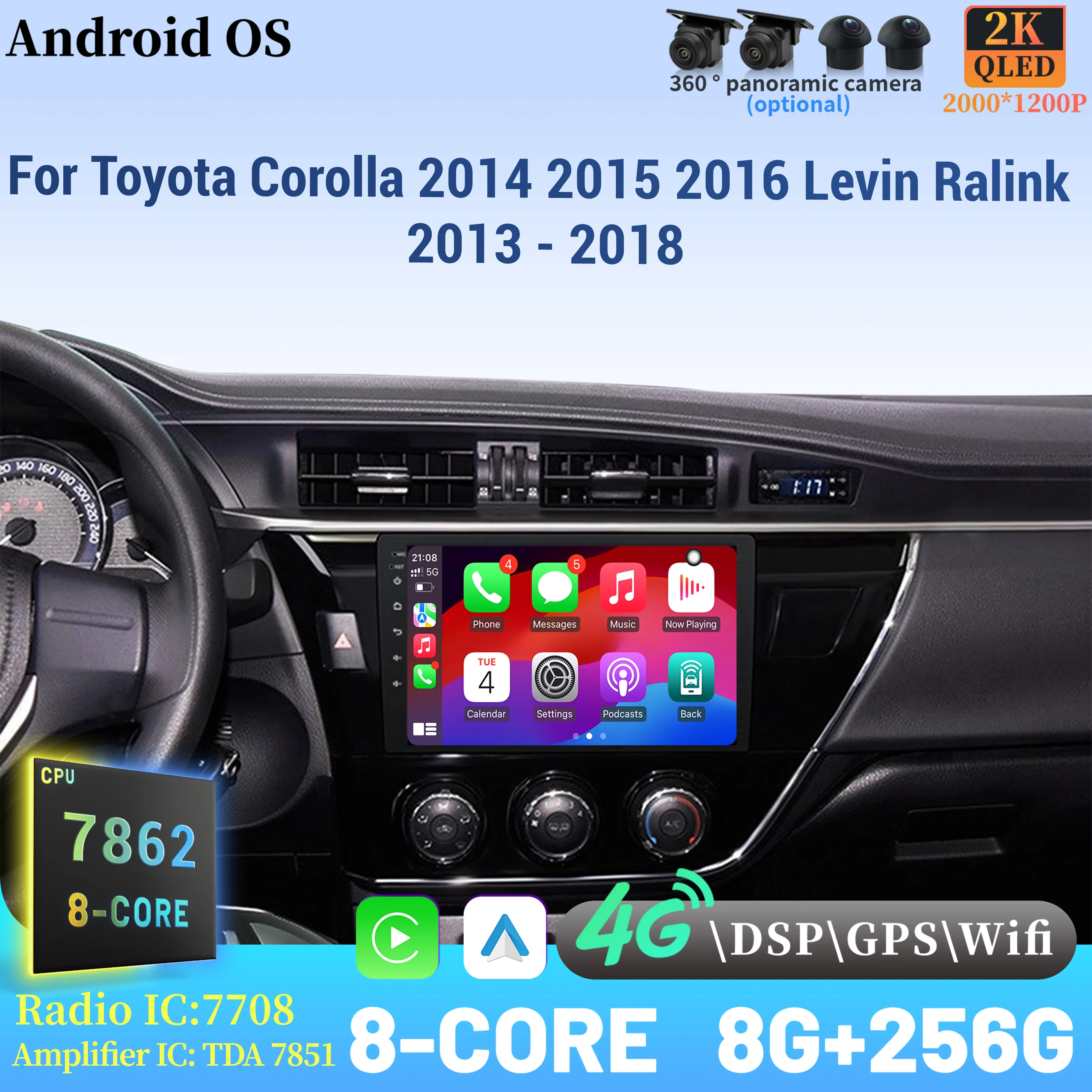 راديو السيارة أندرويد 14 لتويوتا كورولا 2014 2015 2016 ليفين رالينك 2013 - 2018 الملاحة الوسائط المتعددة اللاسلكية BT Carplay شاشة