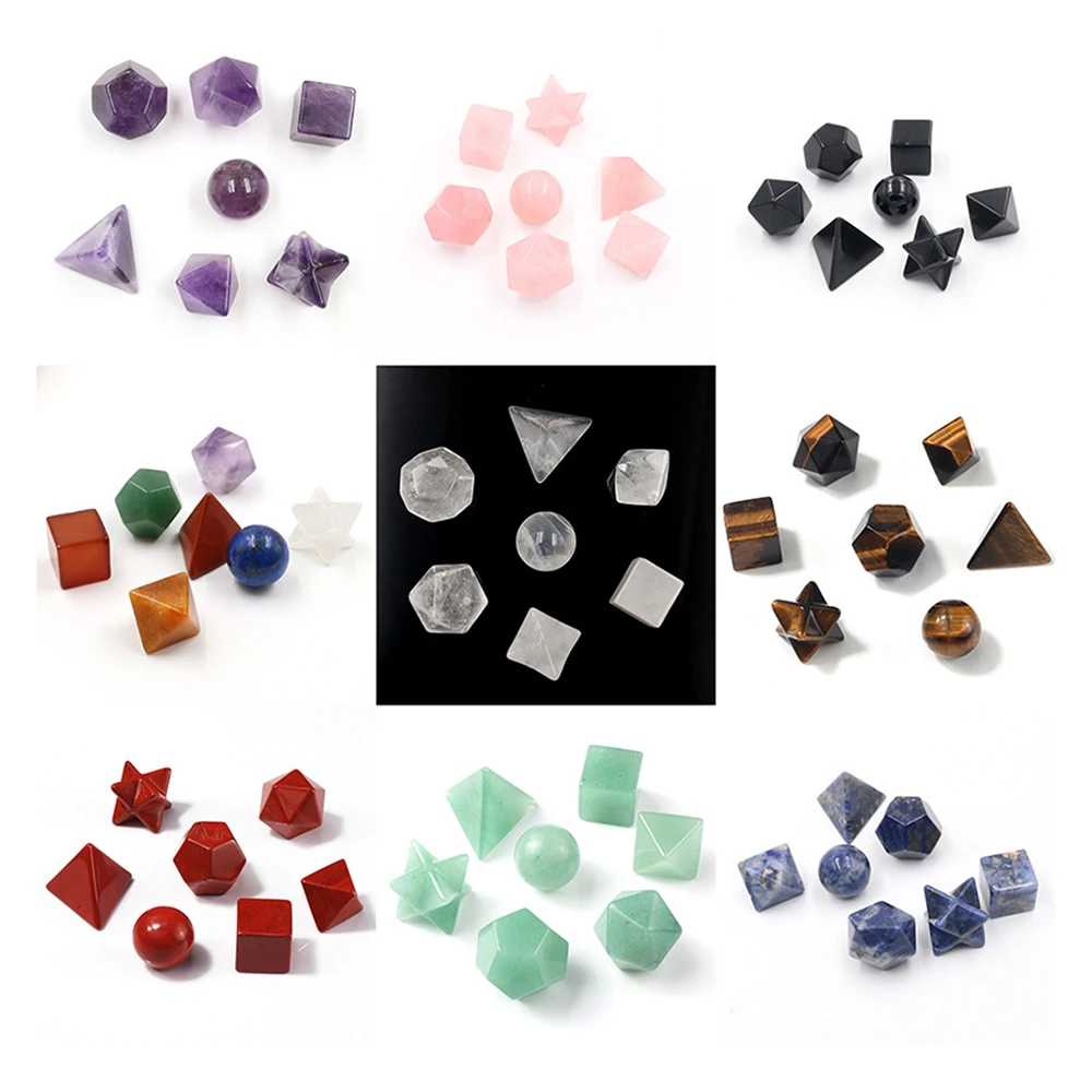7pcs Healing Crystals Platonic Solids Sacred Geometry Set with Merkaba Star Carved Chakra Stones for Meditation Therapy Healing