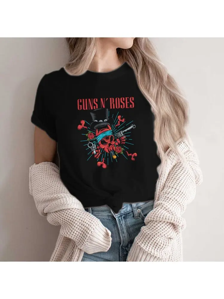 Pistolety i róża Heavy Metal koszulka poliestrowa dla kobiet Humor czaszki letnia koszulka T Shirt nowość modne — zdjęcie 2
