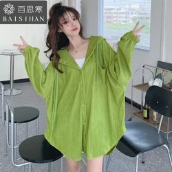 2024 Oversized Women's Hooded Spliced Fashion Loose Shirt New Spring/Autumn Solid Color Vintage Long Sleeve Shirt Sunscreen Coat