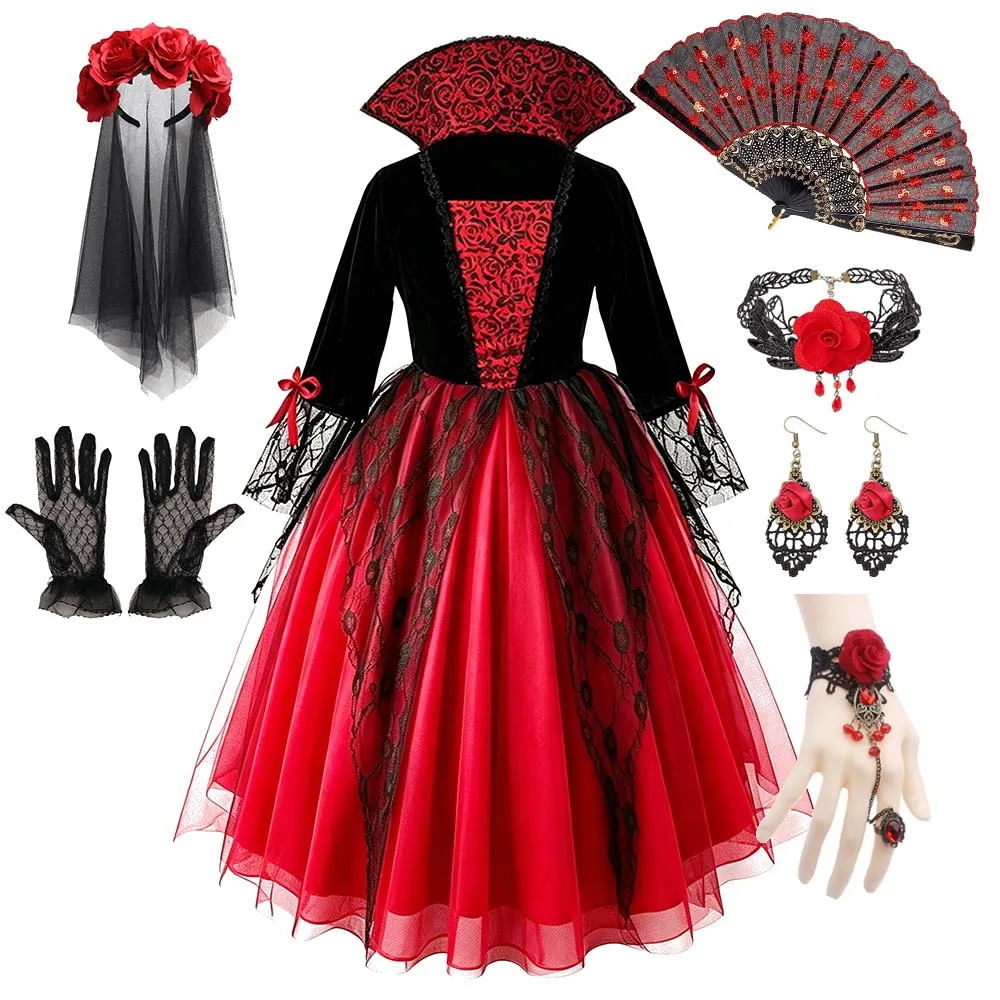 Mädchen-Vampir-Königin-Kostüm-Set Schwarzes Rotes Spitzenkleid mit Stehkragen, Rosenschleier, Fächer und Schmuck für Halloween, Karneval, Cosplay – Detail 4