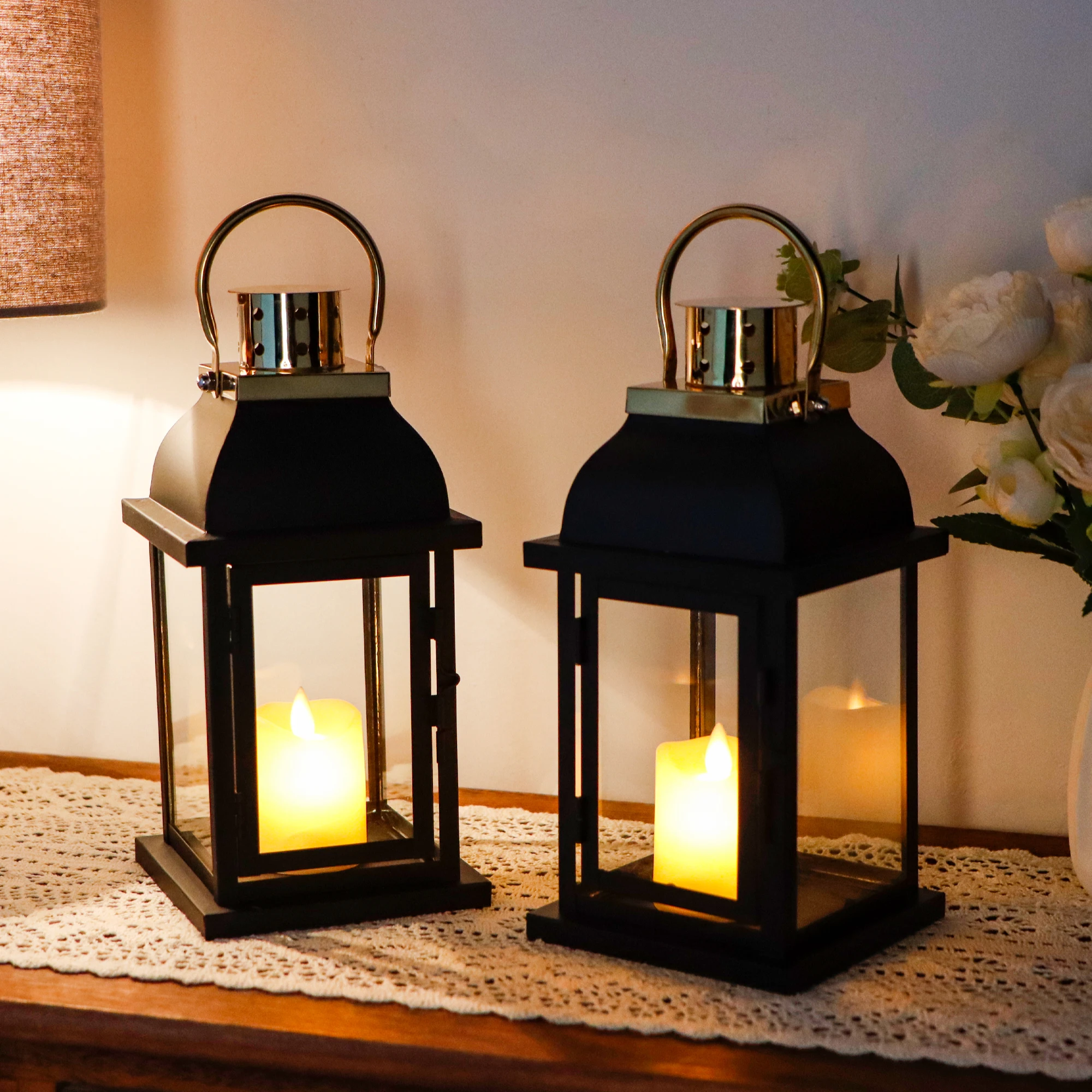 Set of 2 Matel Decorative Candle Lantern 10'' High Hanging Candle Holder with Tempered Glass for Indoor Outdoor Patio Wedding