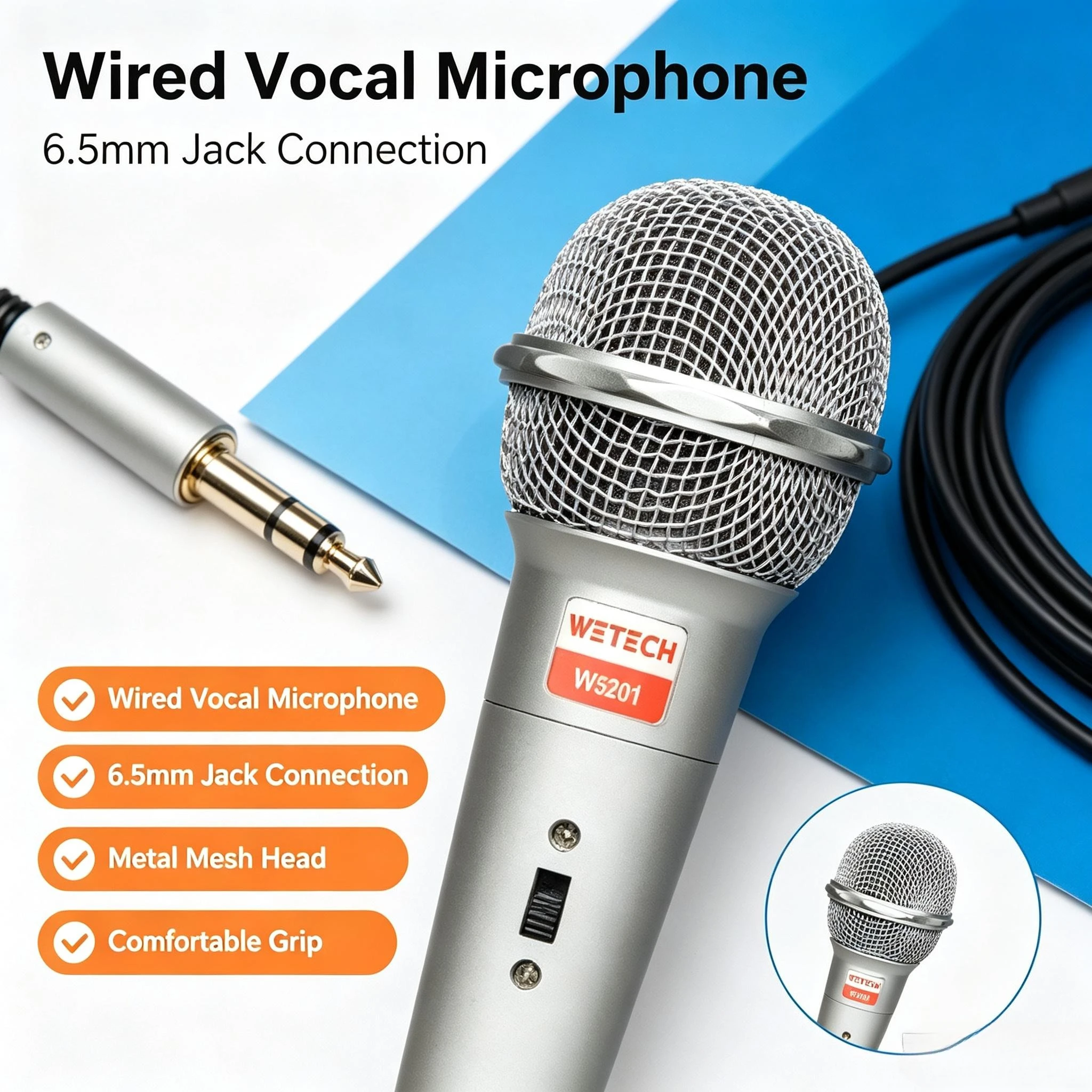 Microfono Dinamico Cablato con Jack da 6,5mm, Unidirezionale, Portatile, con Cavo da 2m per Karaoke, Discorsi, Palcoscenico, Feste, Sistema Audio Domestico