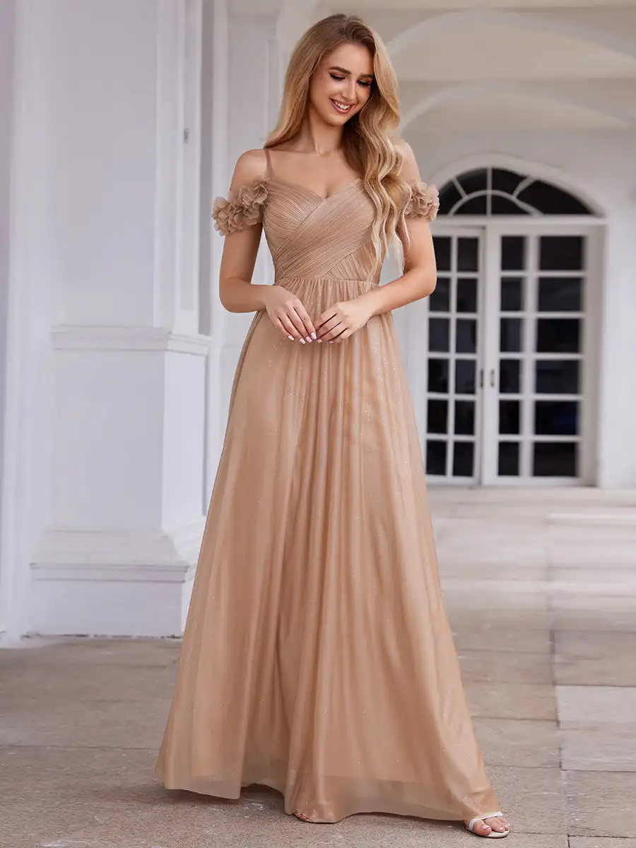 Elegant Evening Dresses Sparkling V-Neck Floral Cold-Shoulder Pleated 2024 Ever Pretty of Rose Gold Bridesmaid Dress