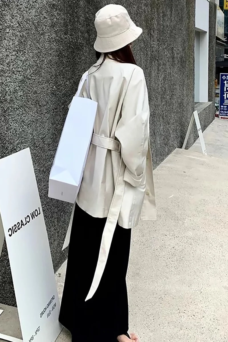 

Women'S Leather Trench Coat Stitching Straight Cut Plaid Clean Coffee Slit French Mid-Long Topcoat Wool Pure Long-Sleeved Length