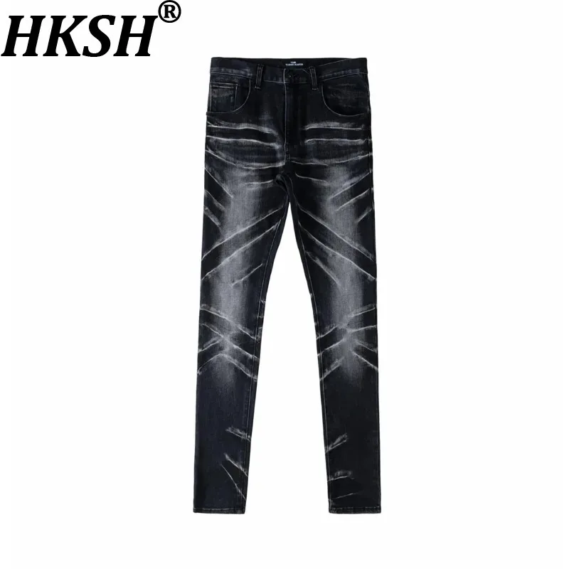 HKSH Spring Autumn New Men Tide Chic Ins Dark Vintage Fashion Denim Pants Scratched Skinny Stretch Jeans Y2K Women Slim HK26953
