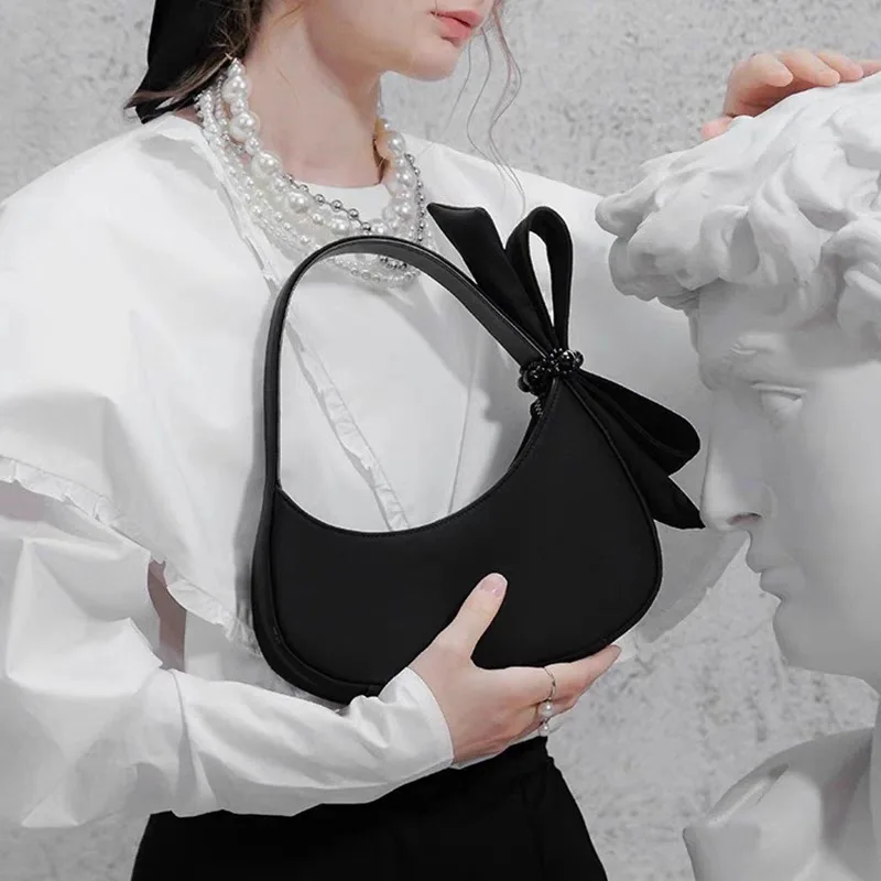 2024 New PU Leather Shoulder Bag Retro Half Moon Women’s Underarm Bag Bow Crescent Moon Portable Handheld Shoulder Underarm Bag