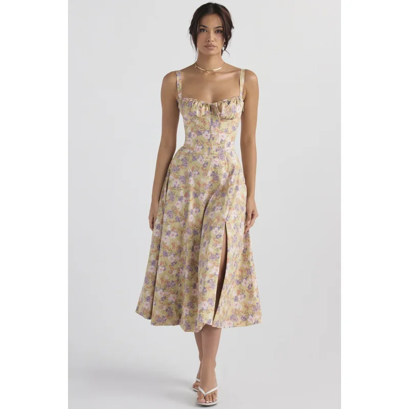 Vestido de verano sin mangas con estampado Floral para mujer, traje elegante ajustado de Color liso, con abertura lateral en la cintura, 2024