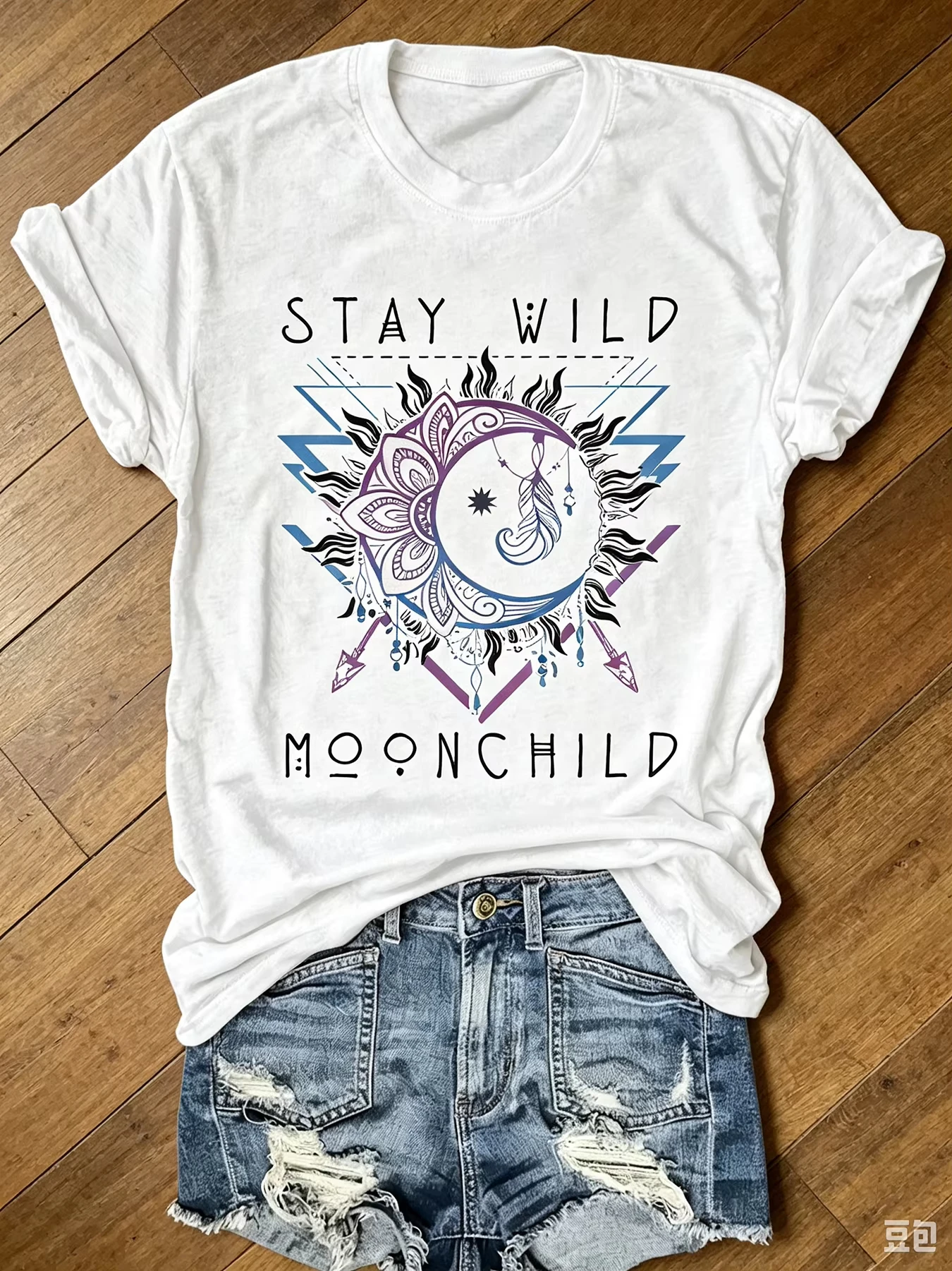 Unisex Stay Wild Moonchild Graphic T Shirt Boho Moon Sun Mandala Print Short Sleeve Crew Neck Casual Summer Tee