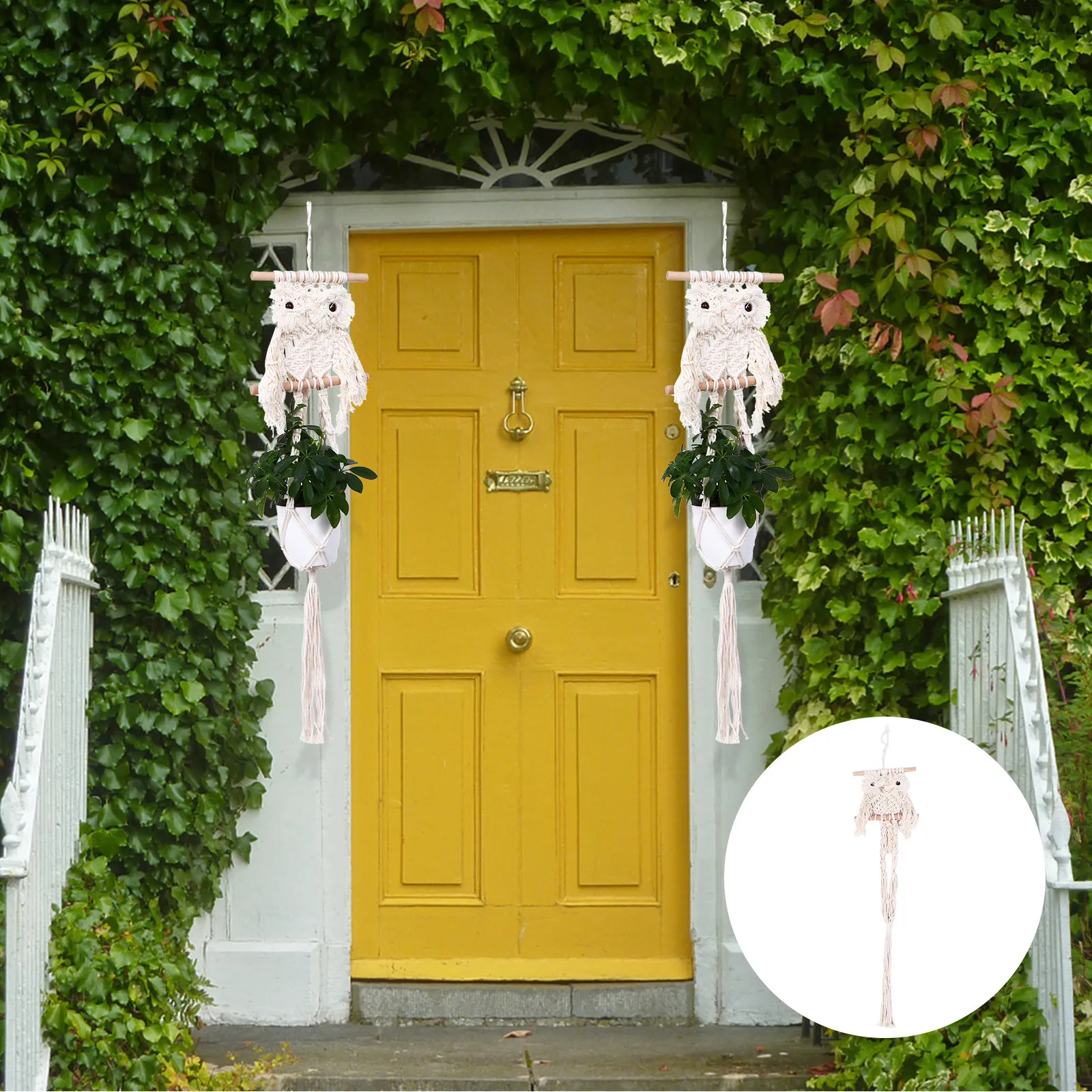 

1Pcs Cotton Knitting Macrame Owl Plant Hanger Polished Wood Stick Long Tassel Wall Hanging Basket for Succulent Flowerpot Decor