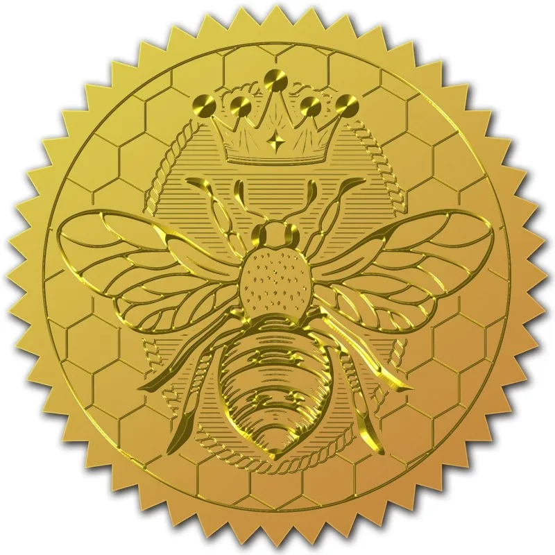 

2" Bee Sticker Crown Gold Certificate Seals Sticker 100pcs Embossed Golden Foil Round Embossed Foil Seal Stickers for Envelopes