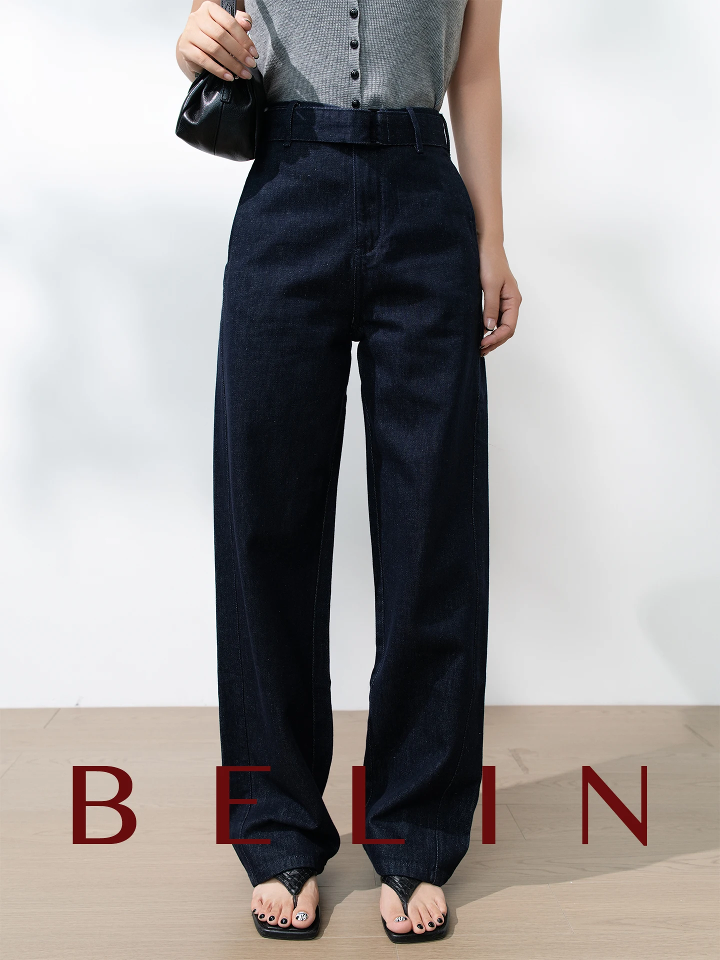 

Belin Cotton Linen Wide Leg Jeans High Waist Straight Cut High Ratio Design Sense Belted Silhouette Commute Neutral Sle