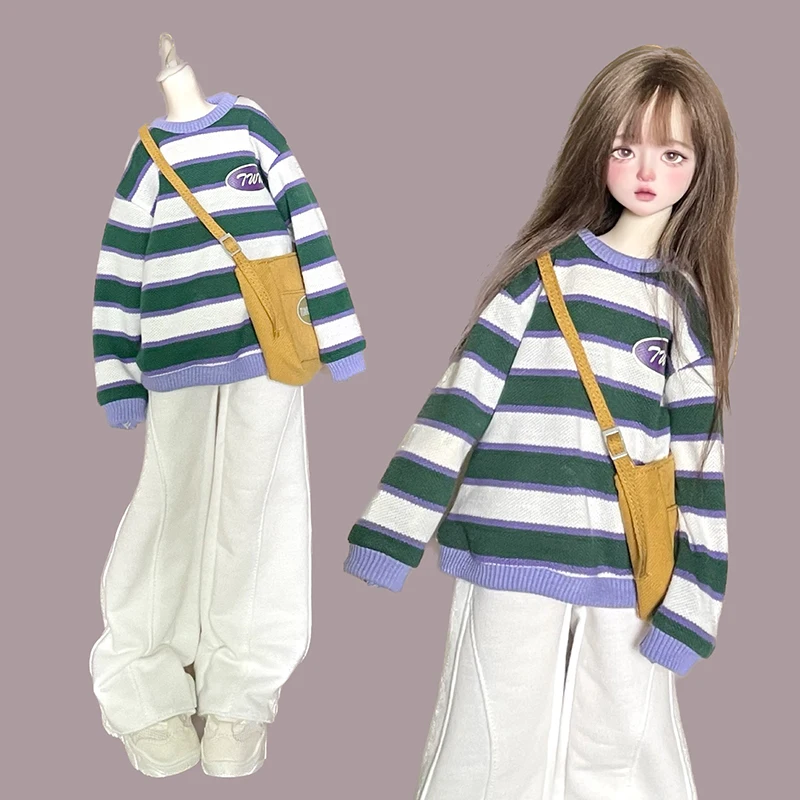 New (1/4 BJD Doll Clothes) Striped Sweater Round Neck Hoodie White Sports Wide Leg Pants Crossbody Bag for 1/4 SD MSD Dolls