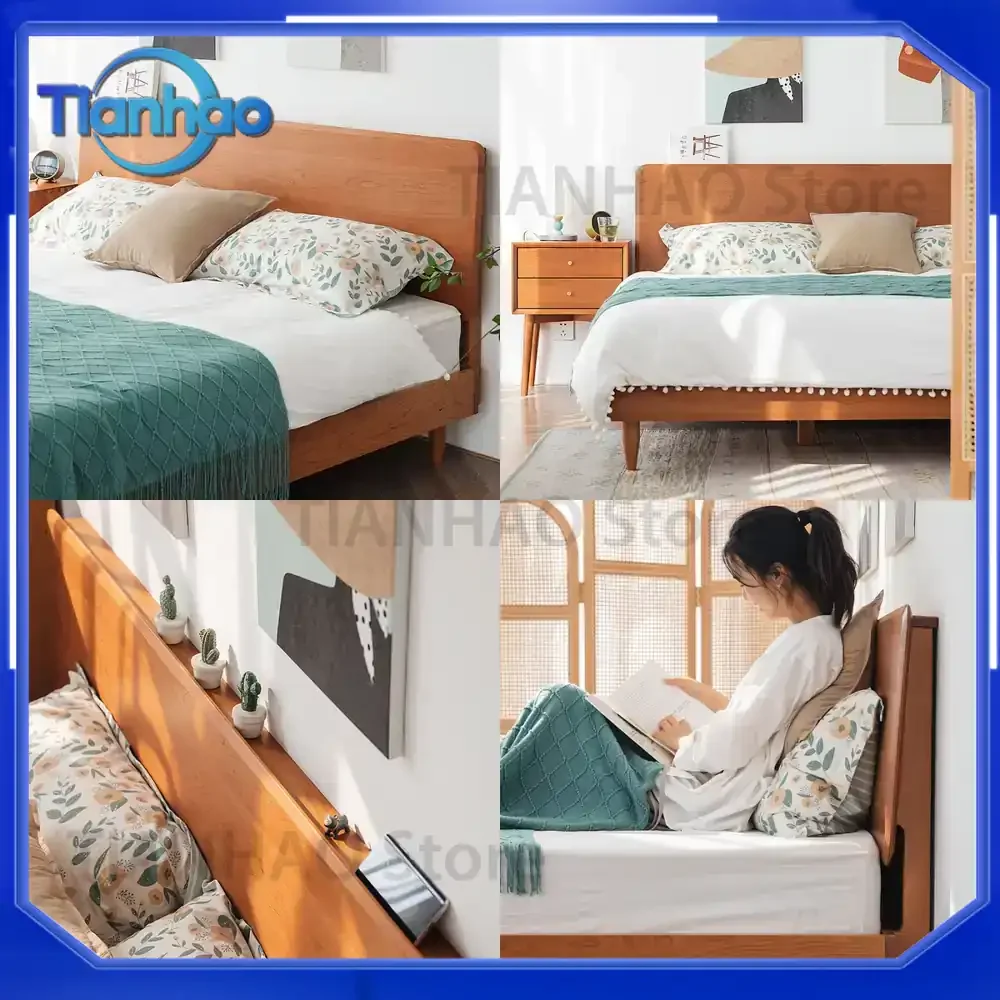 Solid Wood Bed for Modern Minimalist Master Bedroom Japanese Style Cherry Wood Tatami Bed 180 cm Nordic Double Bed