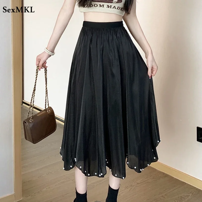 

Casual Summer Black Skirts Women 2024 Korean Fashion Clothing High Waist Chiffon Faldas Largas A Line Beading Midi Pleated Skirt