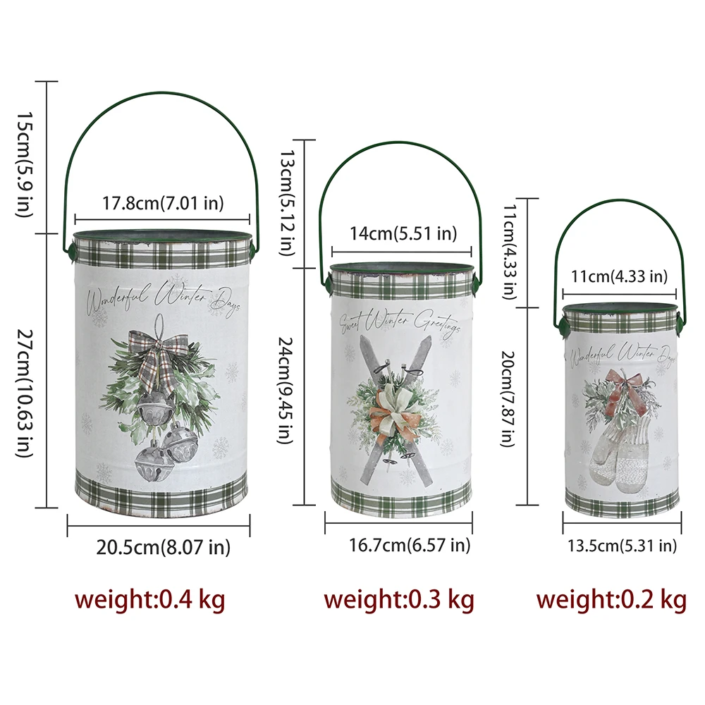 3-piece Set Metal Christmas Tree Decoration Bucket Storage Bin Decorative Flower Pots Decoration New Year Gift Indoor