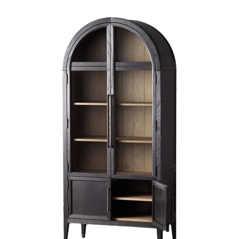 

French retro solid wood round bookcase, American black arched bookshelf