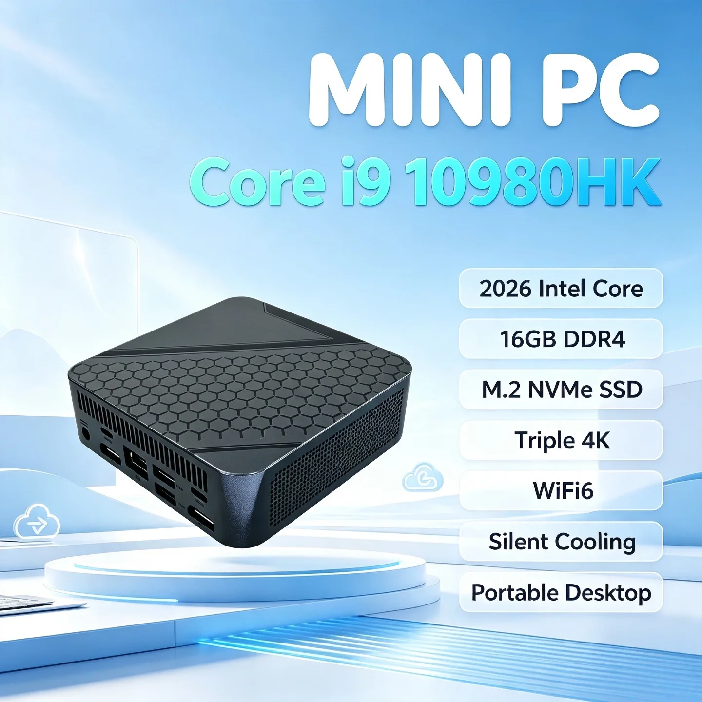 2026 인텔 코어 i9 10980HK 휴대용 미니 PC 16GB DDR4 M.2 NVMe SSD 트리플 4K WiFi6 저소음 쿨링 데스크탑 프로 사무실 가정용