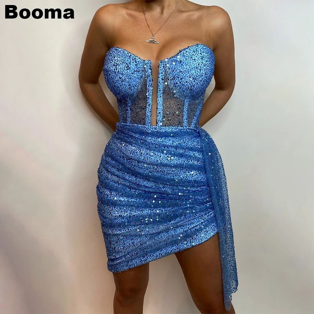 

Booma Blue Sexy Mini Mermaid Cocktail Dresses Sweetheart Pleat Shiny Prom Gown Special Evening Party Dresses for Women Club Wear