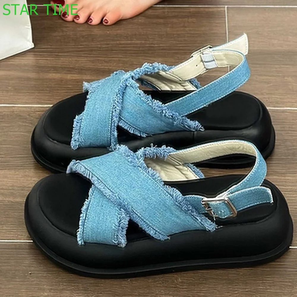 

Thick Soled Cross Strap Roman Sandals 2024 Summer Retro Open Toe Buckle Strap Back Strap Vacation Sandal Casual Women Shoes