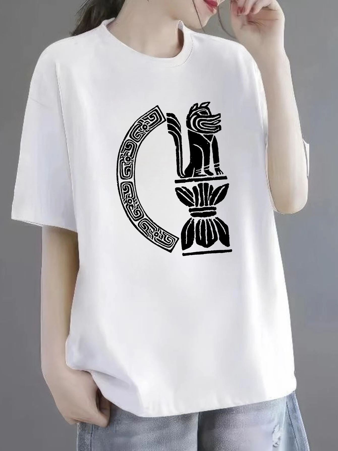 

Women's T-shirts Chinese style Short sleeve tee summer Crewneck Casual 100% cotton Lion On Pedestal Design printed tee Christ