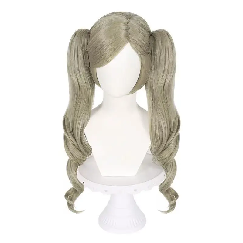 Persona 5 Ann Takamaki Cos Wig Light Flaxen Double Ponytail Curly Hair Heat Resistant Synthetic Anime Cosplay Wig For Halloween