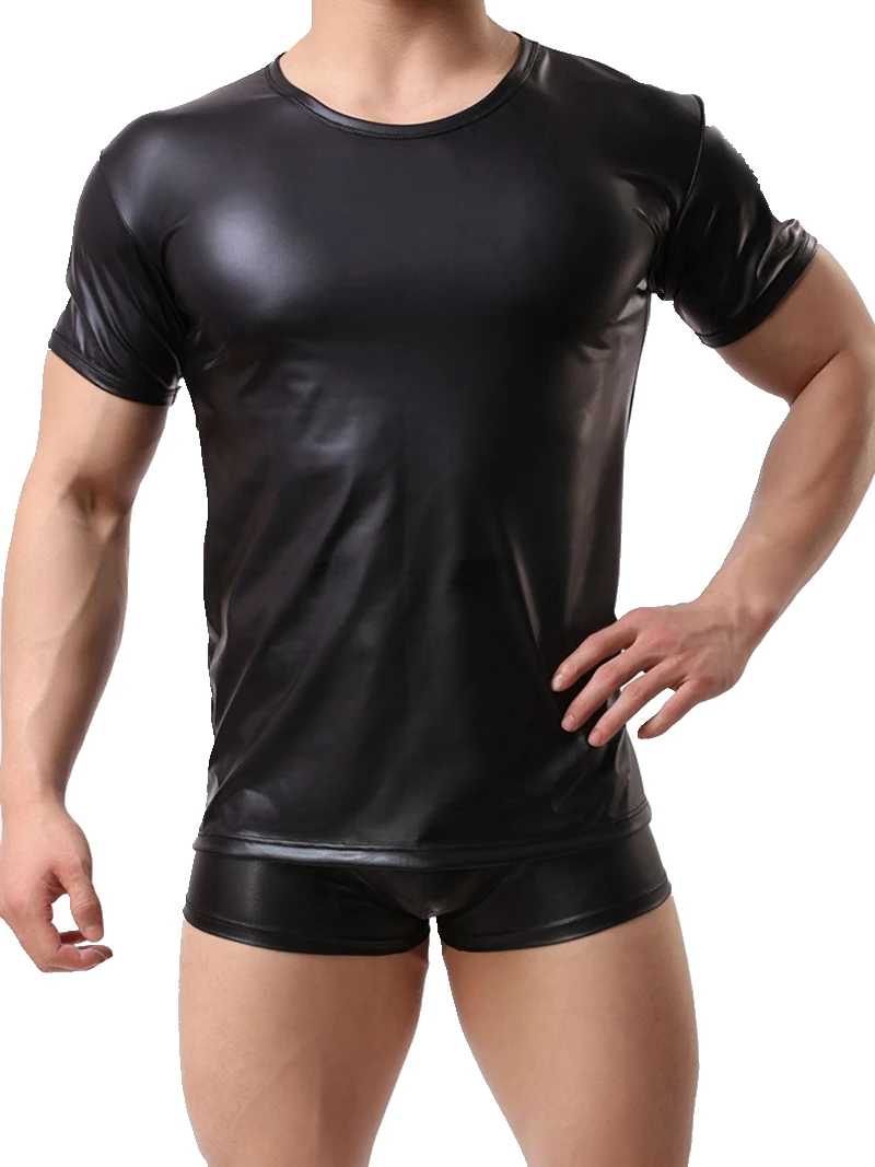 CFYH Sexy Men's Fun Patent Leather Black T-Shirt Tops Tees Men Wet Look Fetish Latex DS Nightclub Catsuit Exotic T Shirts