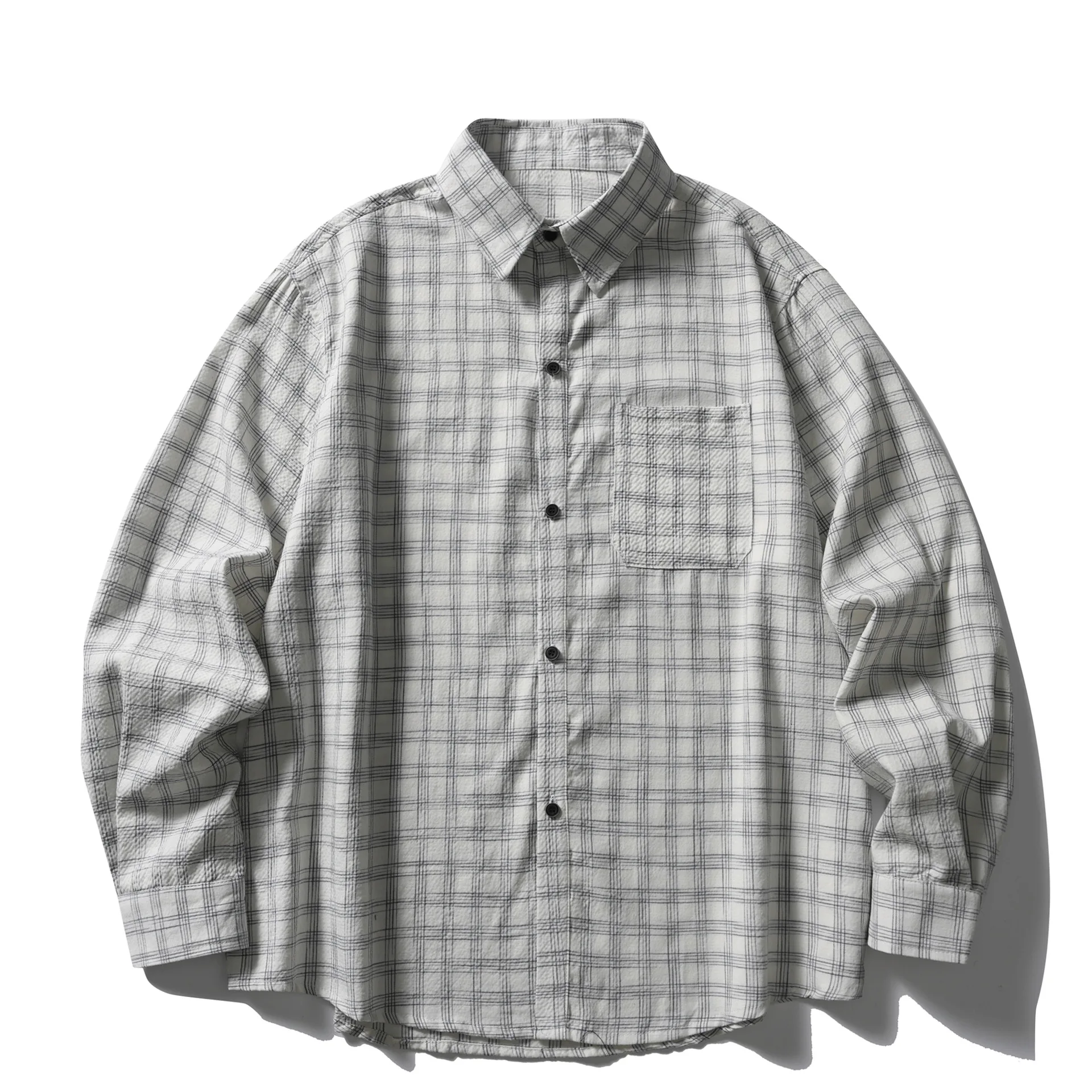 Japanese City Boy Oversized Plaid Seersucker Workwear Shirt Men's Loose Long-Sleeve Casual Couple Outerwear