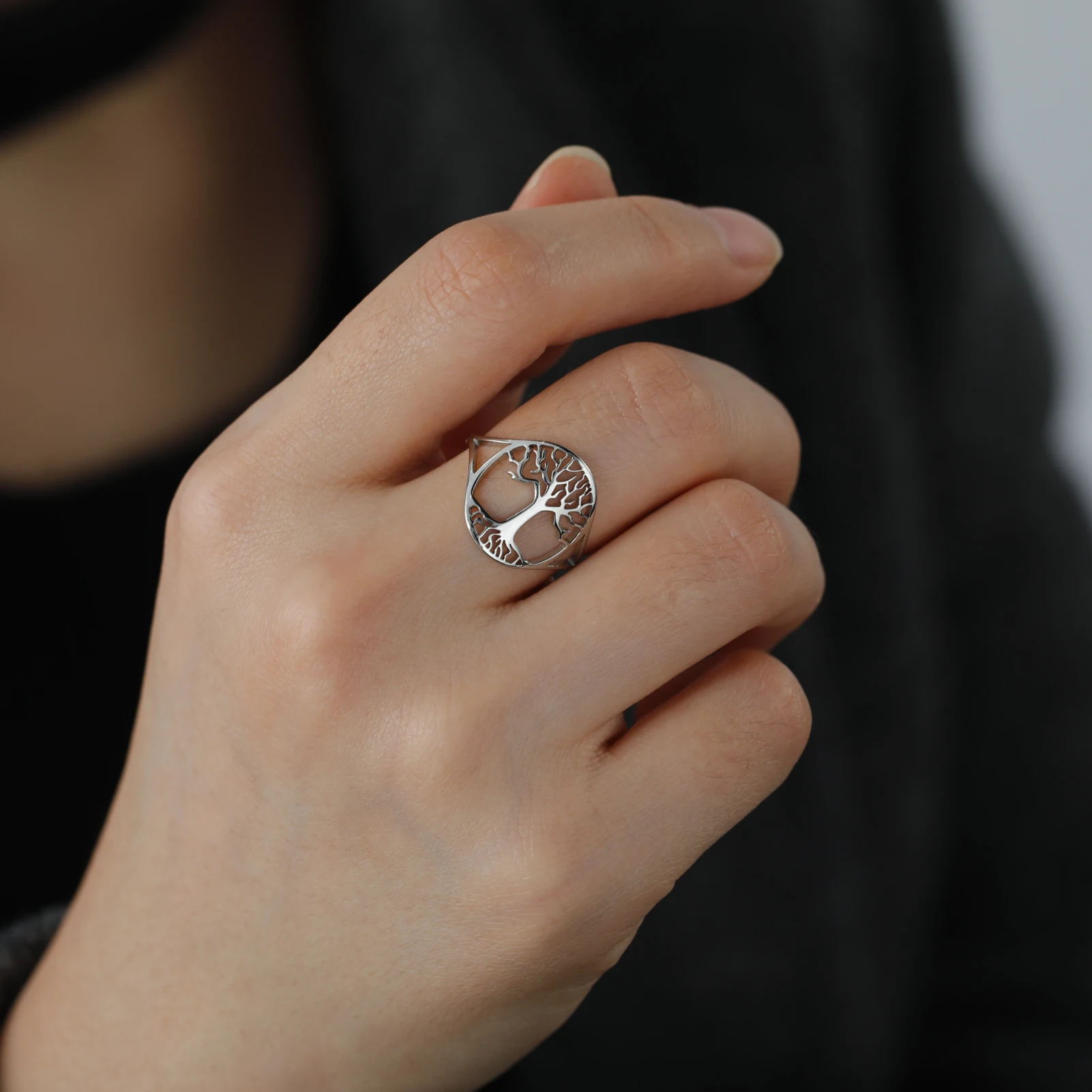 Tree‑of‑Life‑Shape Gold‑Tone Stainless‑Steel Couple‑Ring for Women, Spiritual‑Amulet Finger‑Jewelry, Anniversary‑Wedding Gift‑Ready, New‑In