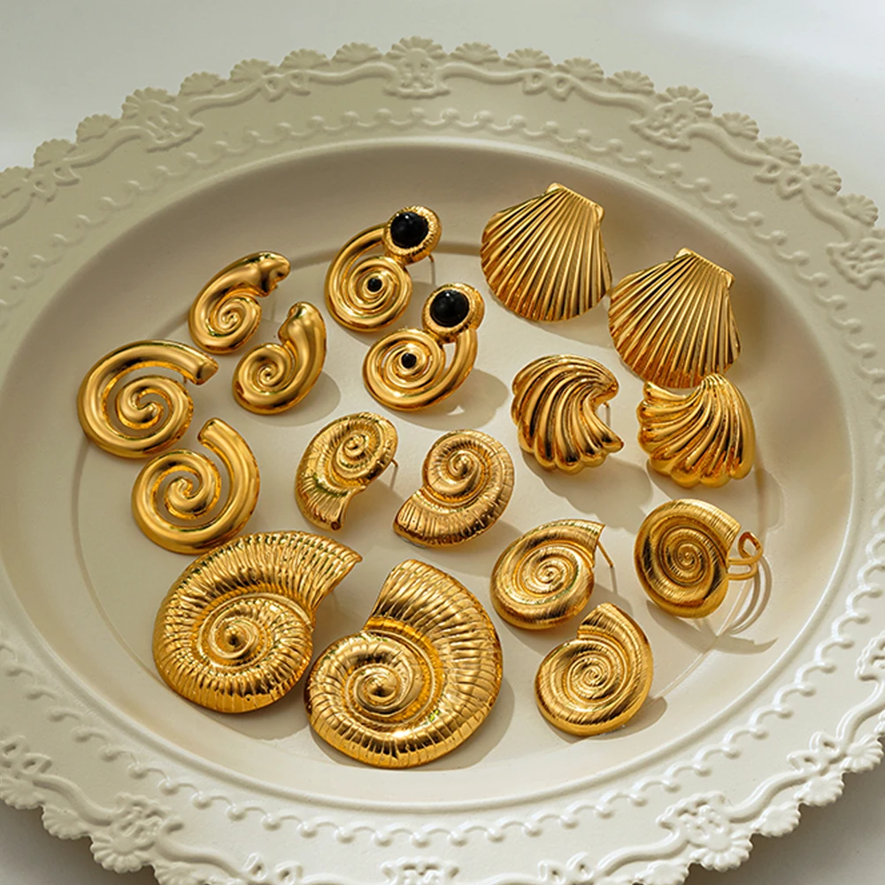 Unusual Gold Plated Obsidian Thread Texture Large Sea Snail Shell Studs Seashells Open Ring Thick Conch Shells Drop Earrings New