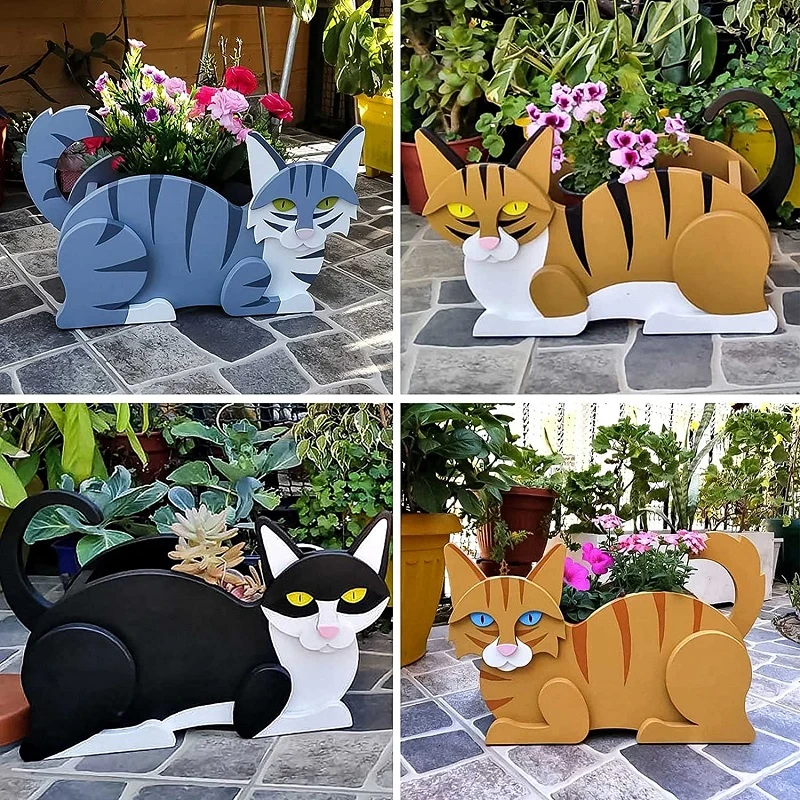 Cat Shaped Planter Garden Flower Pot Cat Animal Garden Animal Statue Sculpture Decor Garden Pots DIY PVC Flower Planter Garden